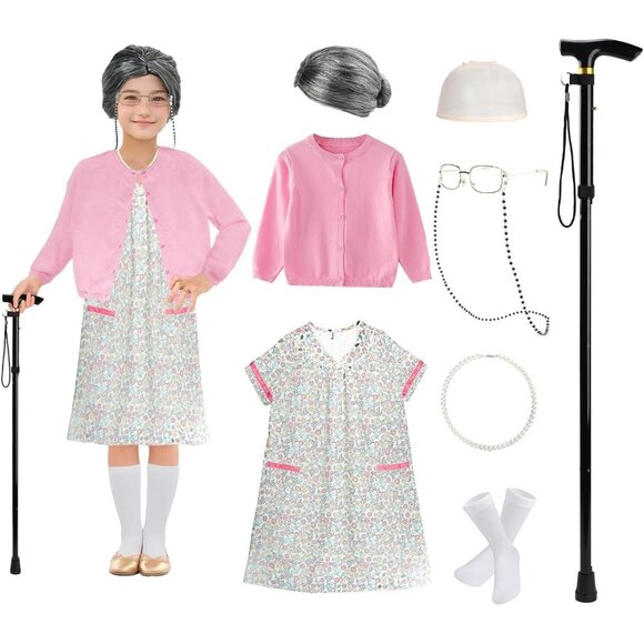 Old Lady 3-4 Yr Costume Kid Halloween 100th Days of School Girls Dress up Granny - Picture 1 of 11
